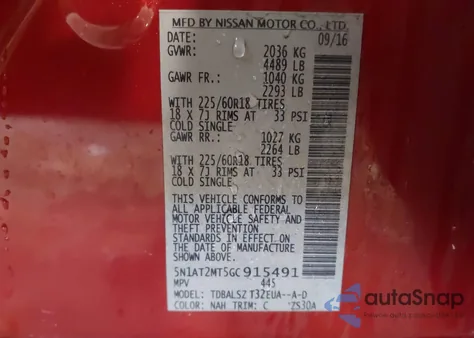 2016 Nissan Rogue Sl z USA, uszkodzony, nr VIN 5N1AT2MT5GC915491